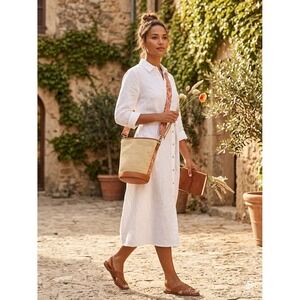 Stella & Dot Woven Straw Bucket Bag Brown Leather Trim Floral Crossbody Strap